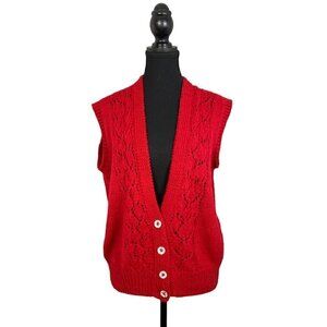 Vintage 90s Red Knit Sailor Style Sweater Vest Soft Pointelle V-Neck Cozy Layer